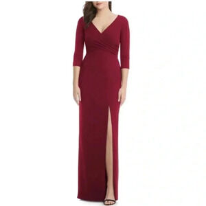 After Six Burgundy Red Vneck Crepe Sleeve Slit Front Bridesmaid Dress Size XXS
